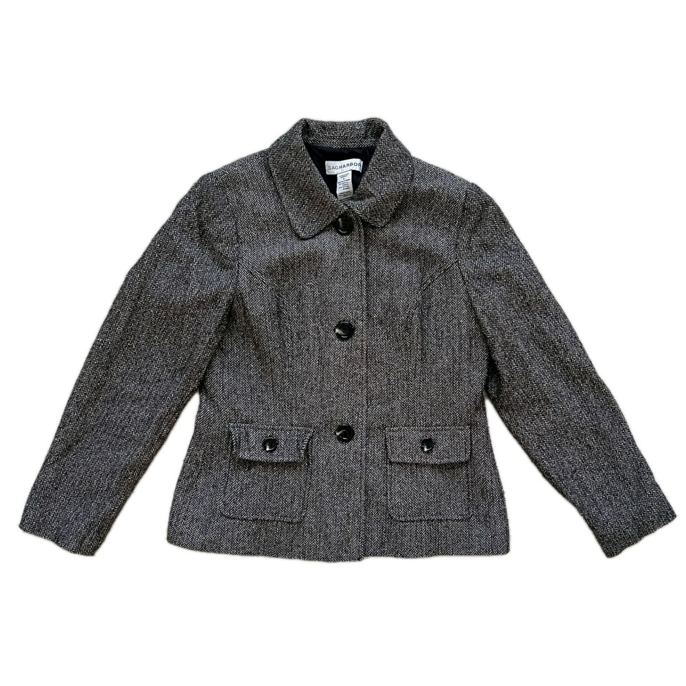 Sag Harbor Gray Textured Tweed Blazer Women 12 Career Office Work Button‎ Jacket